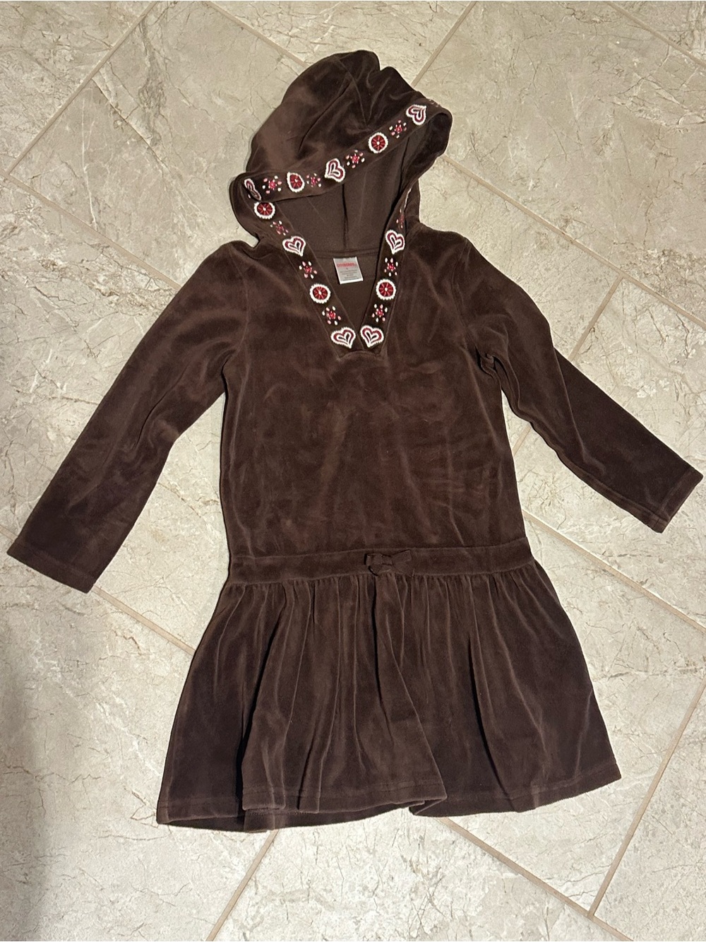 Girls hooded dress brown 6 floral hoodie trim